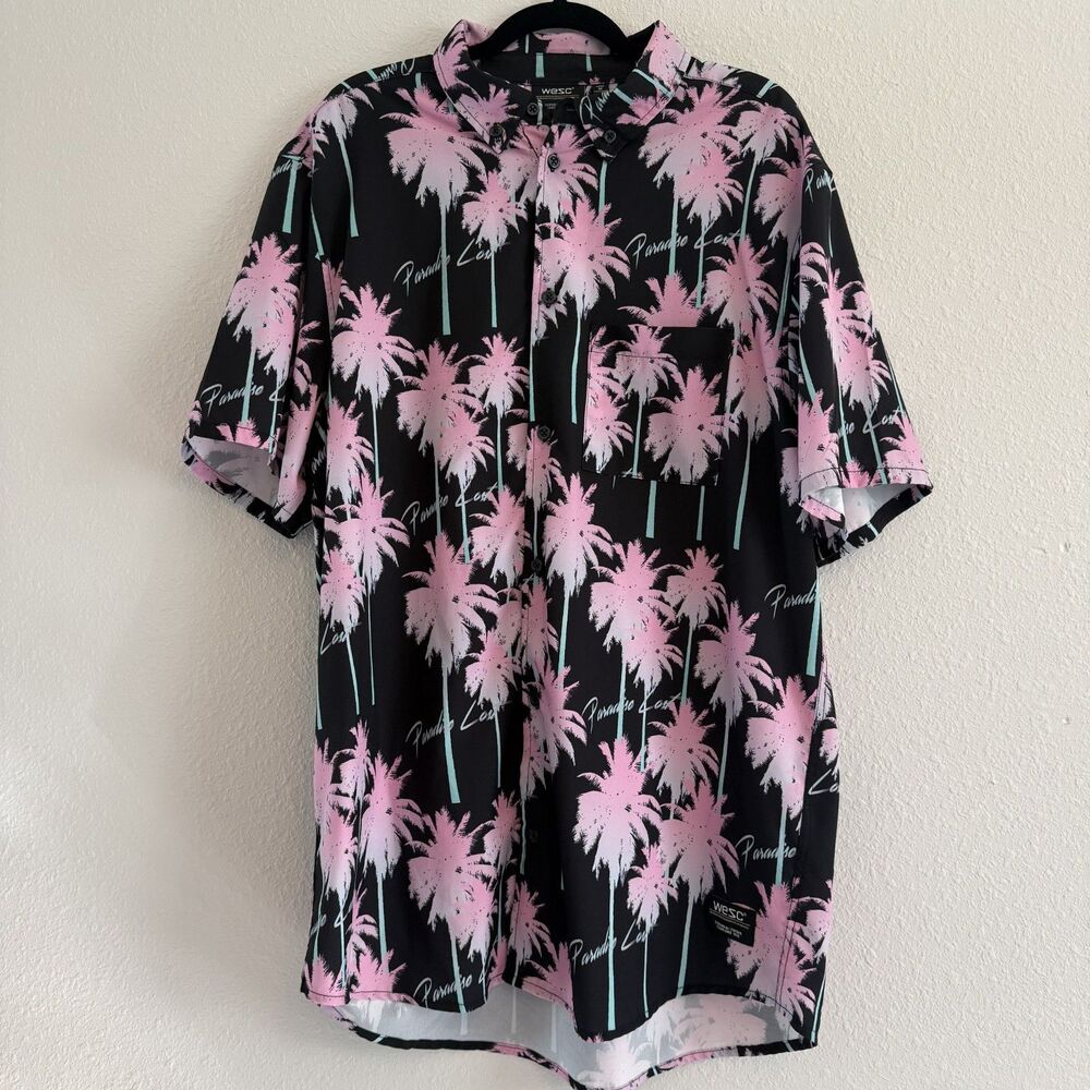 WESC Mens Button Up Shirt Medium Black Pink Palm Tree Resort Wear Beachy Coastal
